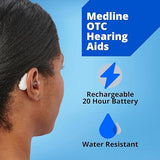 Medline Comfortable & Rechargeable OTC Hearing Aids, White, Behind-The-Ear, 4 Environmental Settings, Water Resistant, Adjustable Volume, Mild to Moderate Hearing Loss, Noise Reduction