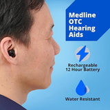 Medline Rechargeable OTC Hearing Aids, Black, in-The-Ear, 4 Environmental Settings, Water Resistant, Adjustable Volume, Mild to Moderate Hearing Loss, Noise Reduction, Earbud Hearing Aids